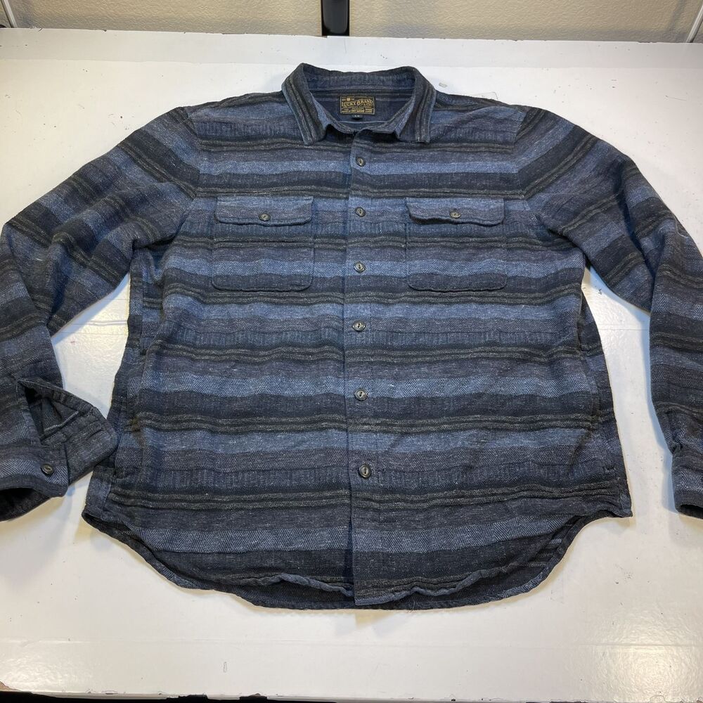 LUCKY BRAND SHIRT BUTTON UP WESTERN COWBOY STYLE FLANNEL Sz L Striped Blue